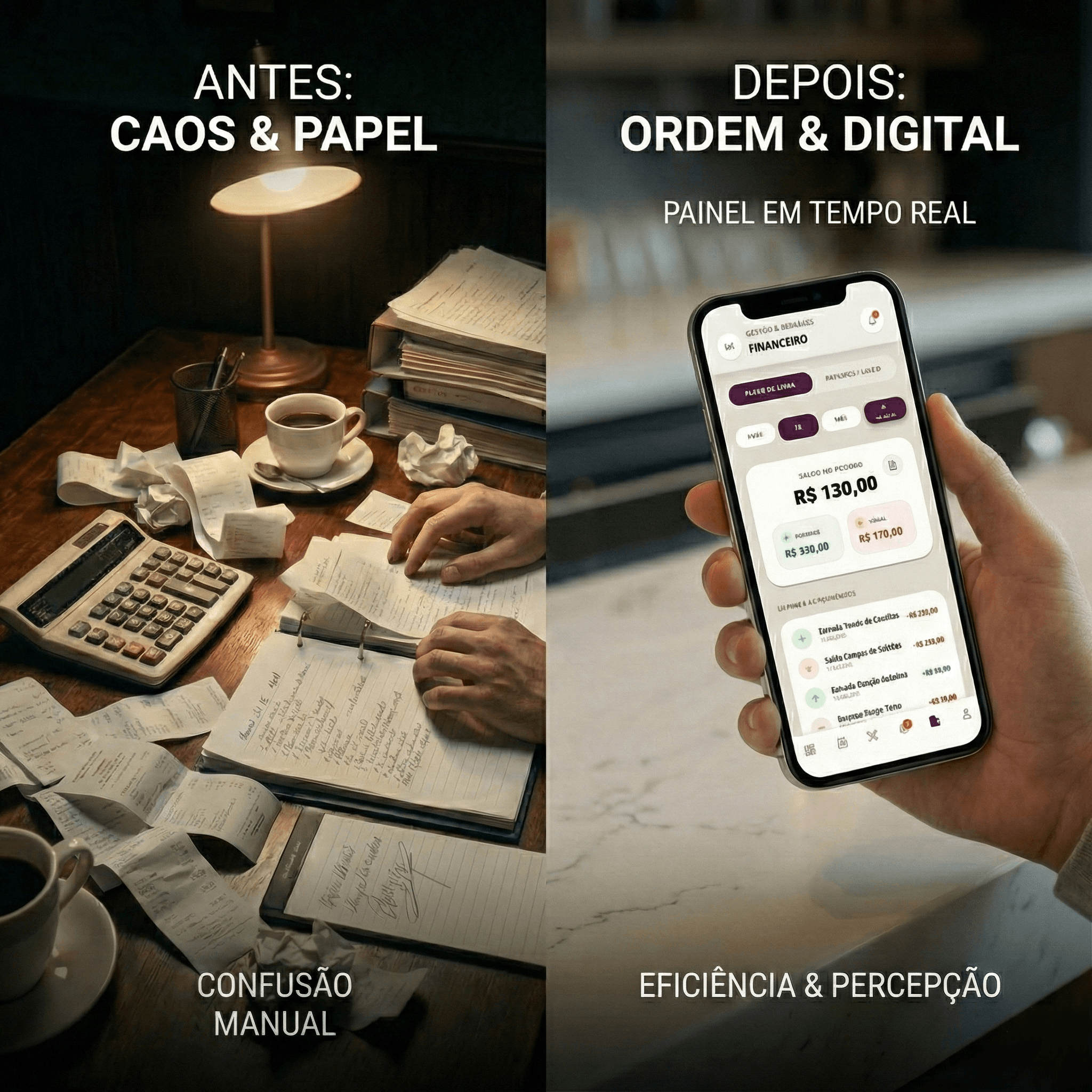 Antes: Caos & Papel vs Depois: Ordem & Digital
